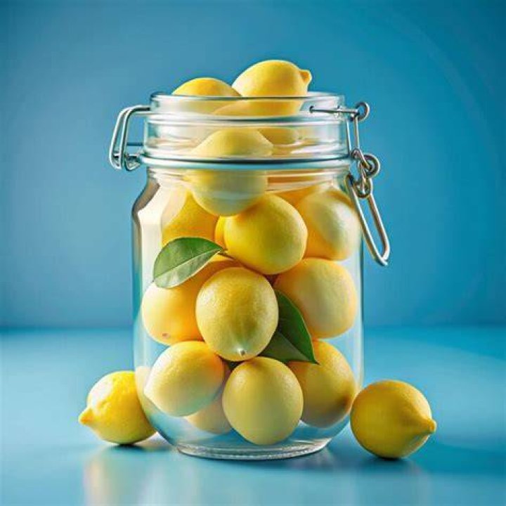 Glass jar filled with lemons, blueberries and lemonade