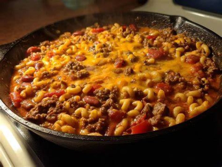 Macaroni casserole in a skillet.