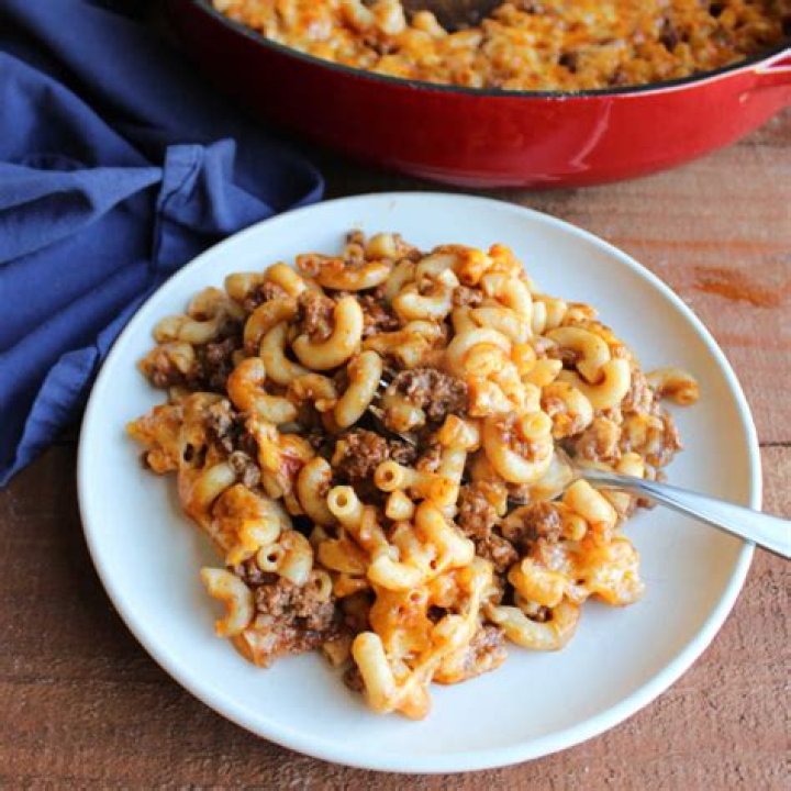 Macaroni casserole on a white plate.