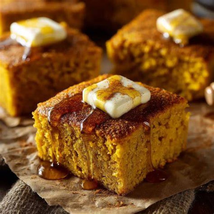 Slice of pumpkin cornbread topped with butter and honey.